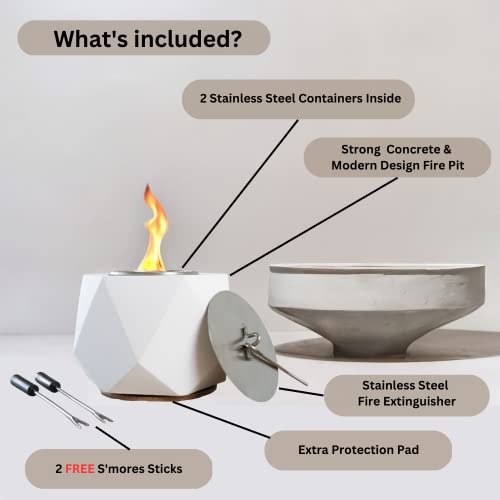 Tabletop Fire Pit – Smokeless & Odor Free Mini Fire Pit – Indoor & Outdoor Smores Maker – Portable Tabletop Fireplace – Modern Durable Concrete Fire Bowl – 1 Hour Burn Time – White #TOP5