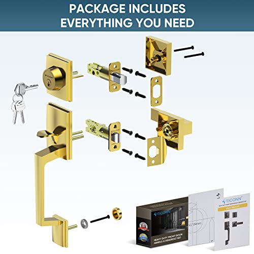 Image of TICONN Front Door Handle Set, Heavy Duty Square Door Lever & Single Cylinder Deadbolt Combo Reversible for Entrance Exterior Doors (Polished Brass)
