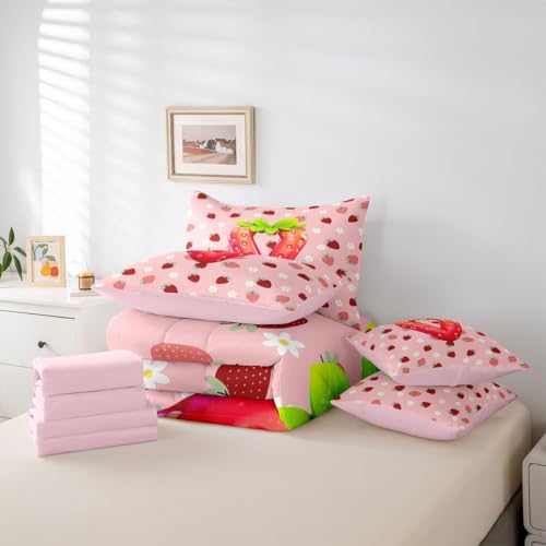 Image of Feelyou Girls Strawberry Full Comforter Set with Sheets for Kids Boys Girls Pink Strawberry 7 Pieces Bedding Set Initial Letter V Bed in a Bag Room Decor Soft Lightweight Microfiber