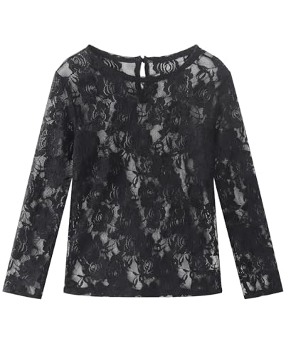Image of Noomelfish Girls Lace Layering Tops Sheer Mesh Tee Shirts Blouse (5-12 Years)