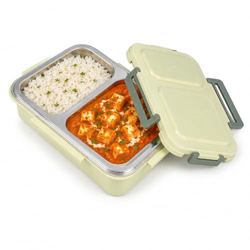 Image of Premium 2 Compartment Stainless Steel Lunch Box with Airtight Leakproof Lid | Durable Food Storage Bento Box with Secure Lock Clips (Grey Color)