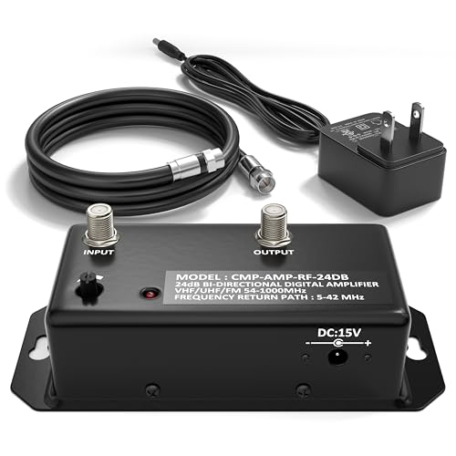 THE CIMPLE CO Antenna Amplifier Kit, Digital TV Signal Booster with Coax, Adjustable Gain, 24 dB Distribution, NTSC, ATSC, FM, UHF, VHF, 1000 MHz, Includes RG6 Coaxial Cable, Indoor Use Only