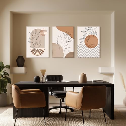 SERIMINO Boho Framed Wall Art Set of 3, Minimalist Wall Decor Living Room, Geometric Line Leaf Sun Moon Canvas Artwork Paintings for Bathroom, Home Decor Print, 12"x16"