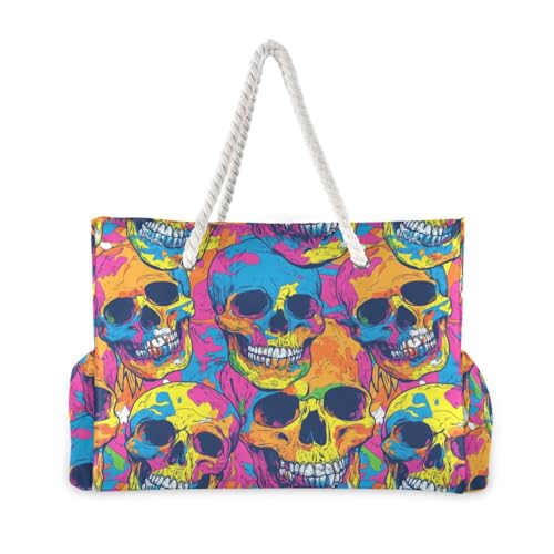 Skulls Dancing Colorful Sturdy Large Tote Bags with side pocketes Extra Large Weekender Perfect for Travel Pool Swim Beach Vacation Necessities2