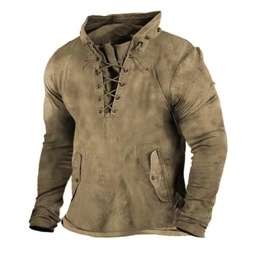 Men's Sweatshirts Distressed Tactical Hoodies Sweat Shirts Retro Lace Up Hooded Pullover Outdoor Sports Long Sleeve