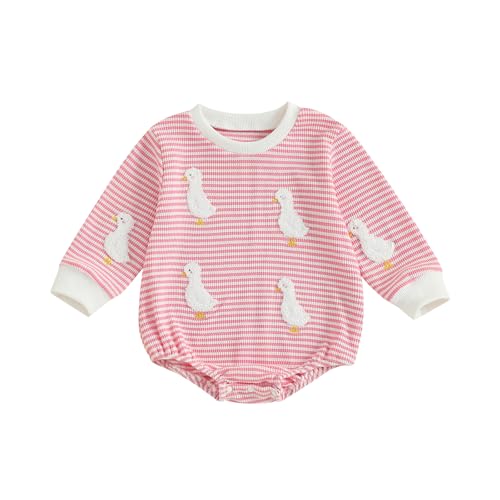 Newborn Baby Girl Fall Outfit Silly Goose Sweatshirt Bubble Romper Waffle Long Sleeve Striped Bodysuit Farm Clothes