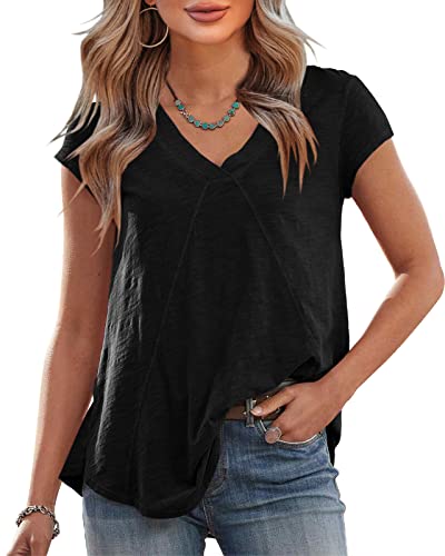 Saodimallsu Damen T-Shirt Basic Sommer Kurzarm Oberteile V-Ausschnitte Kleidung Casual Lose Elegant Tops Schwarz Groß Cover