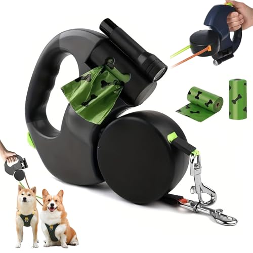 Einziehbare Hundeleine,10Fuß Hundeleine mit LED-Licht, Doppelleine für 2 Hunde, 360° Verhedderungsfreier Leinenverlängerung, mit Kotbeutel, für Hunde bis 50kg, für Training und Spaziergänge (Schwarz)