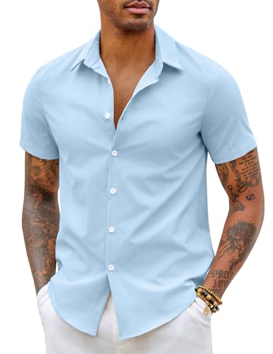 COOFANDY Camisa Hombre Manga Corta Ligero Formal Verano Camisas Vestir Trabajo Adultos Básica con Botones Boda Playa Sólido Camisas Shirts Azul L