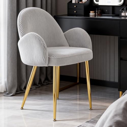 Image of Eifizek Home Office Desk Chair no Wheels, Modern Corduroy Upholstered Vanity Chair with Gold Legs for Girls Women, Ergonomic Padded Backrest for Living Room Bedroom, Grey