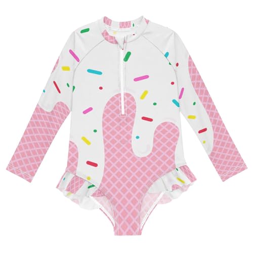 QUGRL Girls' Training Swimsuit Long Sleeve Ice Cream with Waffle UPF 50+ Girl Swim Dress Pink Quick Dry Rashguard 11-12 Years for Beach Pool