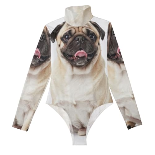 Body de manga larga para mujer con tierno estampado de pug cervatillo y ajuste moldeador
