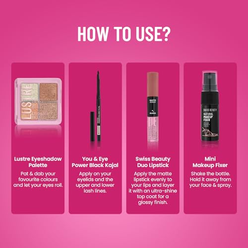 Image of SWISS BEAUTY Easy-To-Do Makeup Kit | Mini Makeup Fixer + Black Kajal + Lustre Eyeshadow Palette + Duo Lipstick With Gloss + Denim Pouch |, 5 count