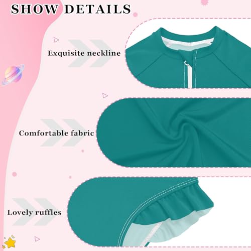 CHIFIGNO Long Sleeve One Piece Swimsuit Girls Dark Cyan Bathing Suit Girls 3T4
