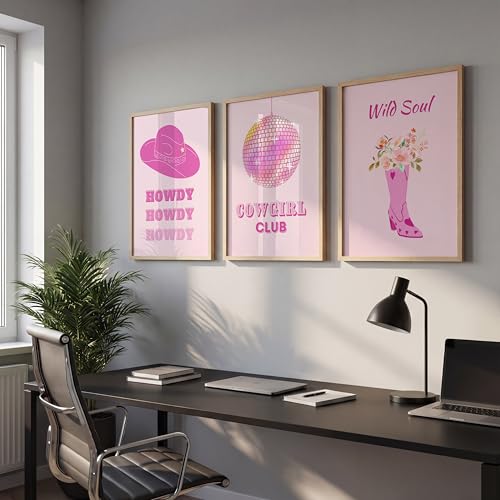 Image of NoWorries Modern Cowgirl Theme Wall Art Framed Painting Set | Pink Western Pop Art & Typography Posters | Premium 300 GSM Paper Print with Synthetic Wooden Frame | Aesthetic Wall Decor for Hotel, Living Room & Bedroom (Pattern-illustration) (Set of 3) (NATURAL, ART-3, 13X19INCHES)