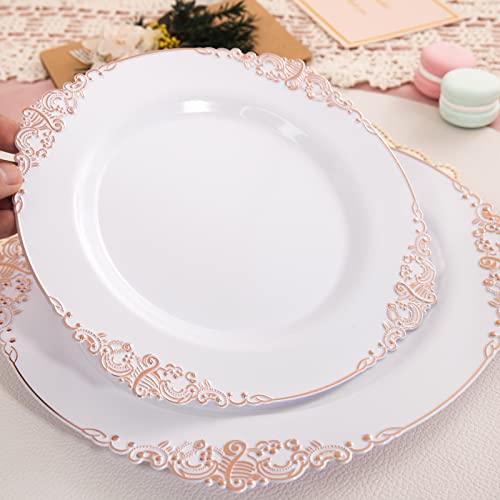 Morejoy 100Pcs Plastic Plates - Disposable - 7.5 Inch White And Rose Gold Dessert Plates For Weddings & Parties & Shower #TOP4