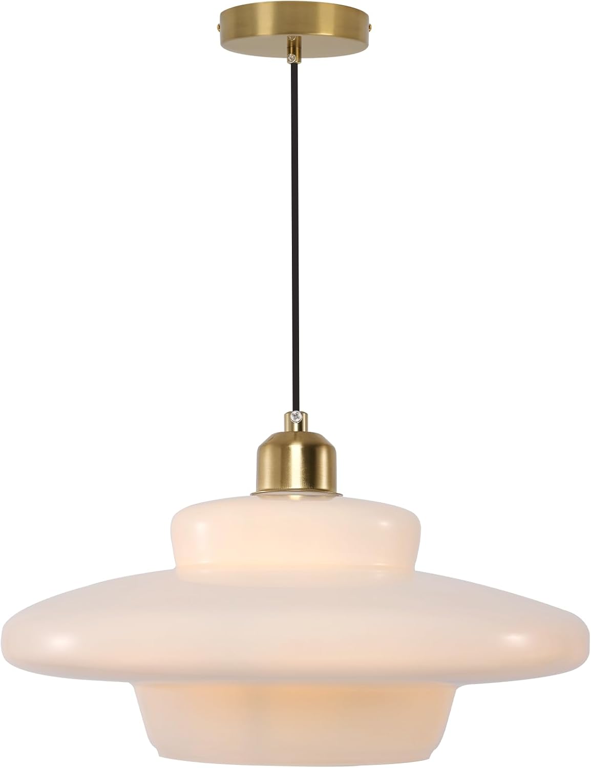 Mid Century Gold Pendant Light Fixtures Milk Glass Hanging Pendant Light Kitchen Island 12.59 Inch Glass Shade Hardwire White Hanging Lamps for Bedside, Dining Room, E26 Scoket, 1-Light White + 2-Layer Round
