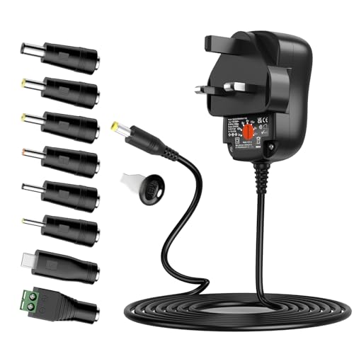 Outtag 24W 3-12V 2A Adjustable Power Supply AC/DC Adapter Universal 3V 4.5V 5V 6V 7.5V 9V 12V 1A 2A Power Adapter Charger with 8 DC Plugs Adapters for LED Strip TV Box Speaker Electronic Devices