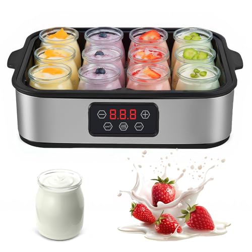 Yogurtiera da 25 W con 12 vasetti di vetro, 2200 ml, display LED, temperatura e timer regolabili, macchina per yogurt elettrica per preparare yogurt biologico, Natto