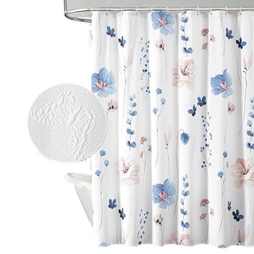 Image of QiyI Watercolor Floral Shower Curtain, 3D Embossed Textured Blue Pink Flower Bathroom Curtain, Modern Minimalist White Cloth Bath Curtain, Waterproof Fabric Shower Curtain Set with Hooks, 72x72 Inch
