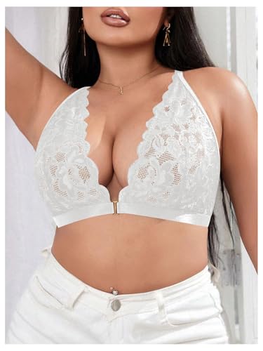 Image of MakeMeChic Women's Plus Size Lace Bralette Front Closure Bras Wireless Deep V Triangle Sexy Lace Bra