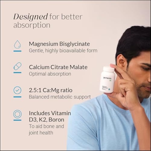 Image of Nutrova Calcium+Magnesium | With Vitamin D3, K2-MK7 & Boron | Boosts Bone Strength, Joint & Muscle Health | High Absorption with Calcium Citrate Malate & Magnesium Bisglycinate | 60 Veg Tablets.