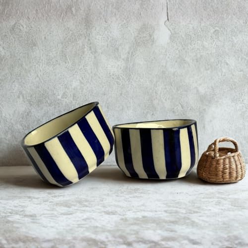 Image of Yourowndcor Handcrafted Blue Striped Ceramic Dip Bowls Set of 2 | Elegant Snack & Sauce Bowls | Microwave Safe, 50 ml Each