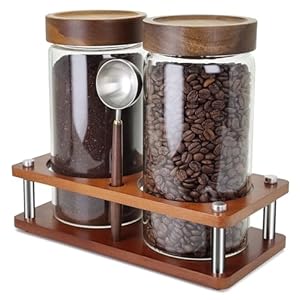 Glass Coffee Grounds Container with Shelf, 2 × 45 oz Glass Coffee Canisters with Airtight Thread Lid, Glass Storage Jars with Stainless Steel Spoon for Coffee Bean, Sugar,Nut