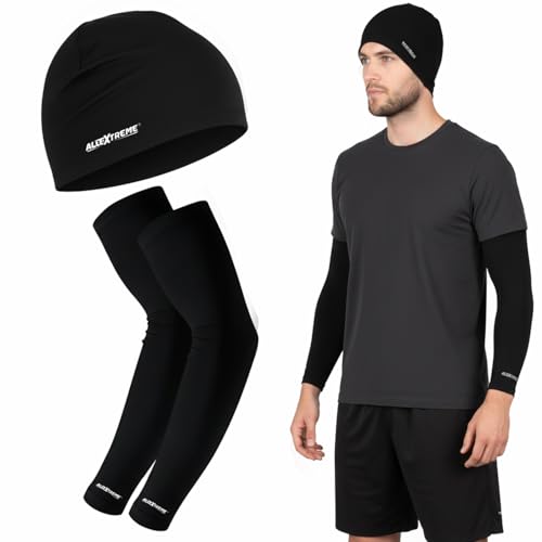 Image of Allextreme Arm Sleeves & Skull Cap Set Reusable UV Dust Protection Pin Mesh Headcap with Hand Cover for Men Women Bike Riding Running Cycling Outdoor Protective Bike Riding Gear (Set of 1, Black)
