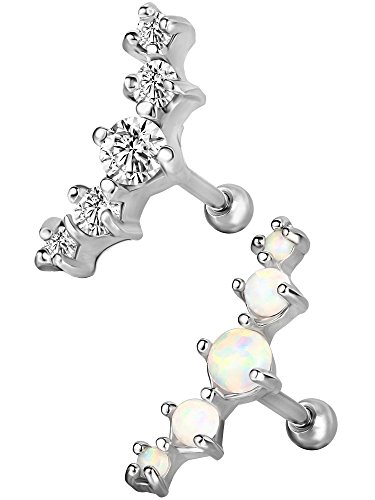 2 Pieces 16 Gauge Surgical Steel Cartilage Stud Curved Synthetic Opal CZ Ear Studs Tragus Helix Earring Piercing for Women Girls