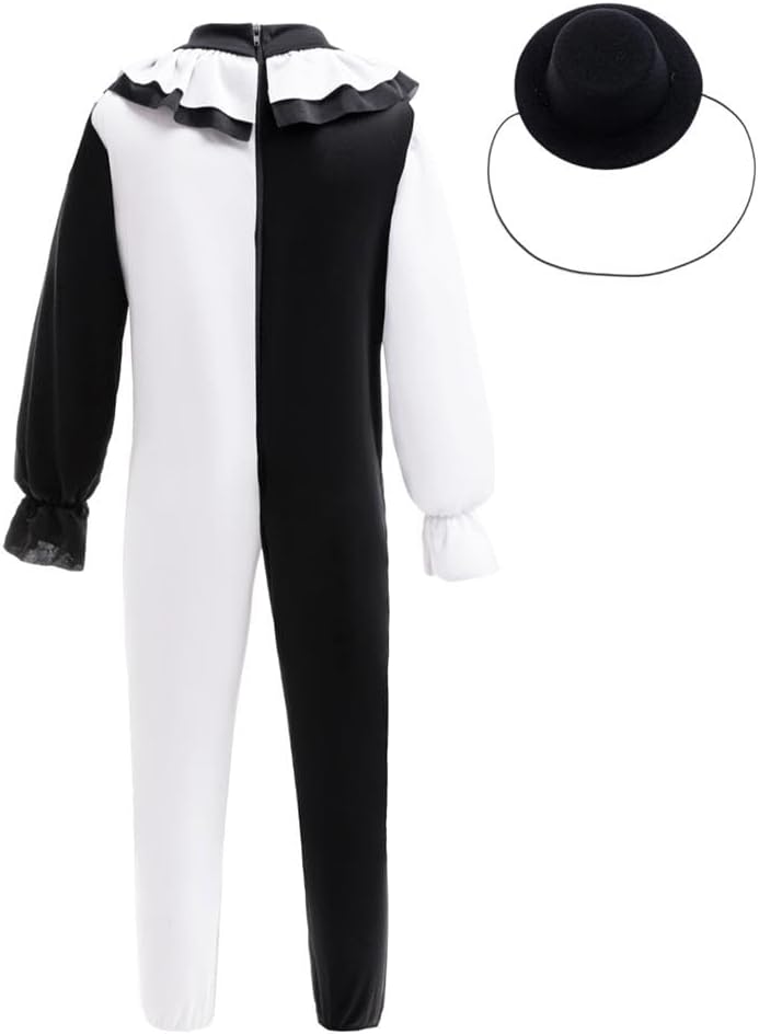 Dressy Daisy Black and White Pierrot Clown Costume with Ruffle Collar and Hat for Kids Boys Size 5-10 (S, M, L)