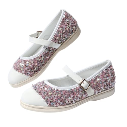 Pink Sequin Ballet Flats – Glamorous Women’s Shoes with White Leather Toe Cap & Buckle Strap – Sweet & Stylish for Dating, Parties & Daily Wear