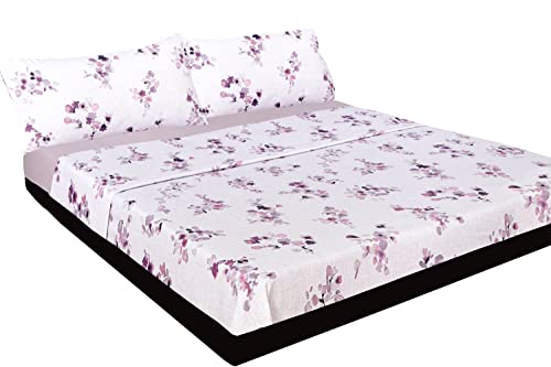 Montse Interiors, S.L. Juego de Sábanas Térmica de Franela 170gr/m2 Algodón 100% Flores Lilas (Lesser para Cama de 160x190/200)