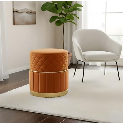 Image of Set of 2 Round Velvet Ottoman Footstool Gold Base - Tufted Upholstered Pouffe Stool for Living Room, Bedroom & Dressing Area (Orange)