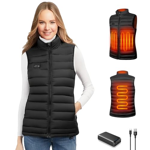seenlast Veste Chauffante Femme, Gilet Chauffant Femme avec Batterie 10000mAh 5V Incluse, Doudoune Chauffante avec Chauffage 4 Zones et 3 Niveaux pour Ski Moto Chasse Camping, Lavable en Machine