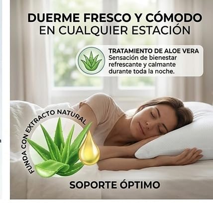 Almohada viscoelástica Aloe Vera de firmeza Alta 100% Natural, hipoalergénica, Transpirable y antibacteriana, Muy Duradera. (135 cm)