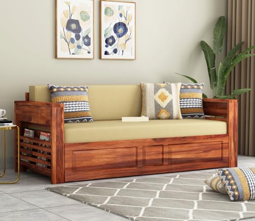 Image of Mamta Furniture Solid Sheesham Teak Wood 3 Seater Sofa Cums Bed for Home Furniture, Living Room Wooden | Without Pillow | with Storage | Natural Finish - Brown