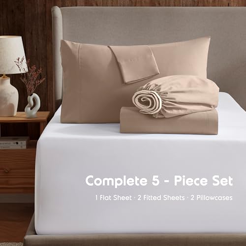 Image of Nestl Split King Bed Sheet Set - Taupe - 5-Piece Deep Pocket | Instantly Soft, Night-One Ready (No Wash Required). Fits 16-Inch Deep Pockets, 360-Degree Elastic Grip