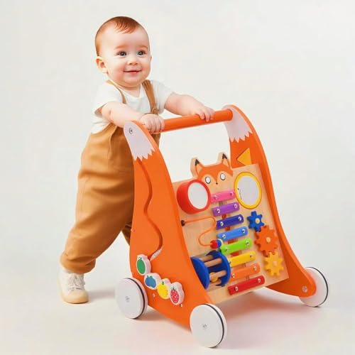 Forroby 2 in 1 Baby Walker Wooden Push Along for Toddlers with Activity Center,Anti-Slip First Steps Learning Walker for Babies with Montessori Game Panel,Gift for Girls and Boys 9 Months+