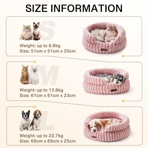 MEWOOFUN Stilvolle Katzenbetten für Katzen, weiches rundes Hundebett für kleine und mittelgroße Hunde, waschbares, beruhigendes Haustierbett (Rosa, S)