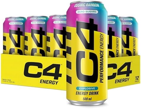 Cellucor C4 Performance Energy Pre-Workout Carbonated Drink with Beta-Alanine, Zero Sugar, Cosmic Rainbow Flavor, 500ml Pack of 12