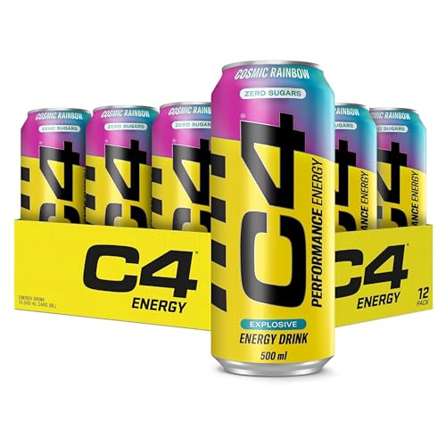 C4 Explosive Carbonated Energy Drink | Zero Sugar, Low Calorie Pre-Workout with 160mg Caffeine, Beta-Alanine & Taurine | Energy for Focus & Performance | Cosmic Rainbow | 500ml Cans | Pack of 12
