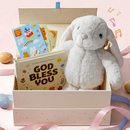 Image of Praise Bunny Christian Easter Gift Set for Kids – 11” Singing Plush Toy with 3 Bible Songs, Hardcover Blessing Book, Keepsake Box, Stickers, Easter Basket Stuffers, Christening Gift for Baby, Toddlers