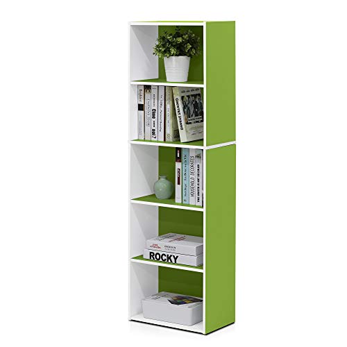 Image of Furinno LUDER Book Shelf, 5-Tier Bookshelf, Bookcase with Open Shelves, 9.4 x 15.8 x 52, Easy Assembly, for Living Room, Bedroom, Home Office, White /Green