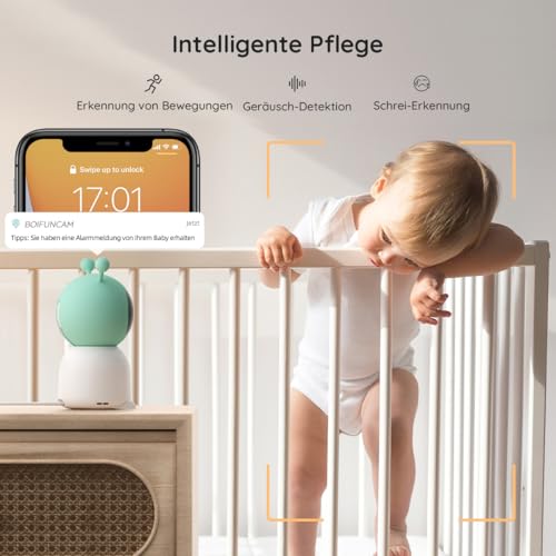 BOIFUN Babyphone mit Kamera 2K/3MP, Intelligentes Nachtlicht, 360 Gard WLAN Video Babyfon mit App, 4×Zoom, Bewegungsverfolgung, IR Nachtsicht, Weinen/Bewegungs/Geräuscherkennung, Temperaturerkennung