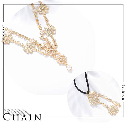 Aceorna Wedding Headbands Chain Floral Jewelry Hair Pieces Crystal Pearl Headpiece Festival Holloween Costume Bridal Accessories for Women and Girls (Gold) - Thumbnail 5