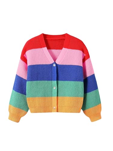 Floerns Girl's Rainbow Striped Button Down Cardigan Long Sleeve Drop Shoulder Sweater Knitwear