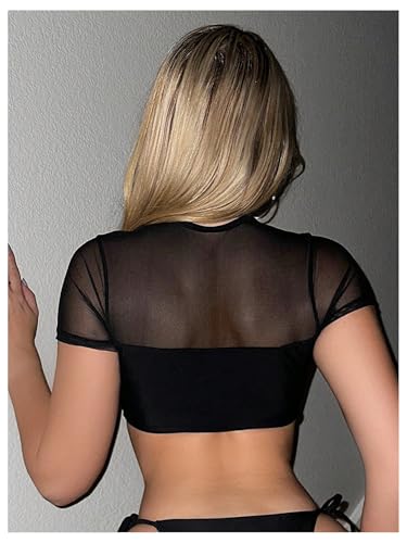 MakeMeChic Women's Rhinestone Heart Ring Mesh Top Cut Out Short Sleeve Summer Biniki Tops2