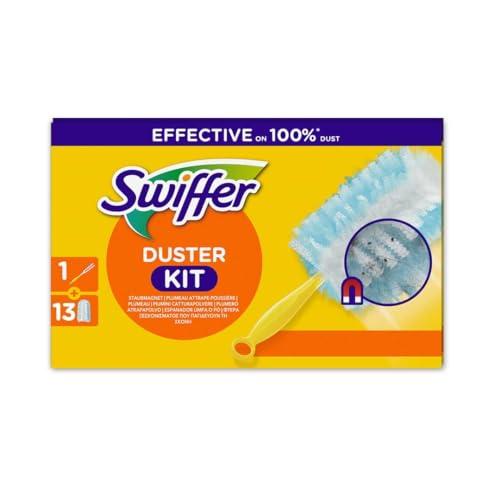 Swiffer Duster Plumeau Kit de Démarrage (1 Manche + 13 Recharges), Capture Poussière, Poils & Allergènes, Efficace Contre 99.9% des Poussières, Atteint Les Coins Difficiles, Rapide et Efficace