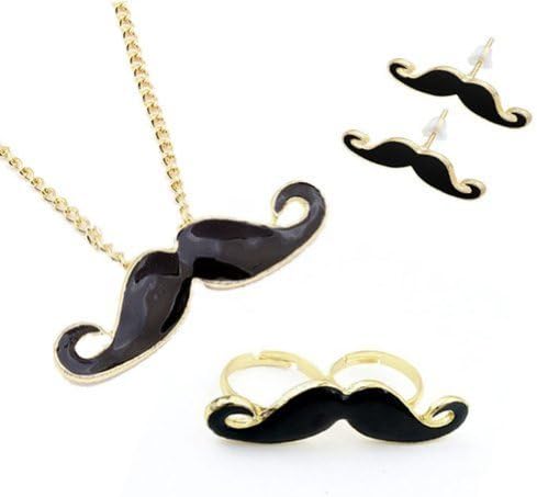 BodyJ4You Mustache Jewelry Set, Necklace Pendant Earrings Double Moustache Ring - 4 Pieces